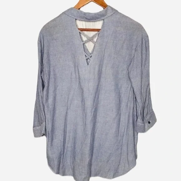 William Rast Blue Chambray Ticking Striped Pullover Top 3/4 Sleeves Sz M - Picture 8 of 11